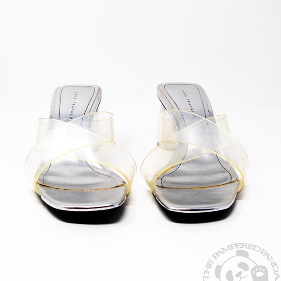 Zara Trafaluc Acrylic Block Heel Clear Silver Cross Strap Sandal Womens Size 38 - Picture 3 of 6
